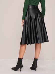 SHEIN Privé Zipper Back Belted Flare PU Skirt - Black - View 2