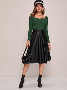 SHEIN Privé Zipper Back Belted Flare PU Skirt - Black - View 3