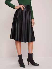 SHEIN Privé Zipper Back Belted Flare PU Skirt - Black - View 4