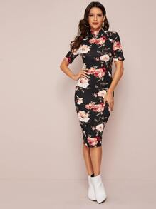 SHEIN Clasi Mock Neck Floral Print Pencil Dress - Multicolor - View 1