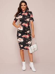 SHEIN Clasi Mock Neck Floral Print Pencil Dress - Multicolor - View 3