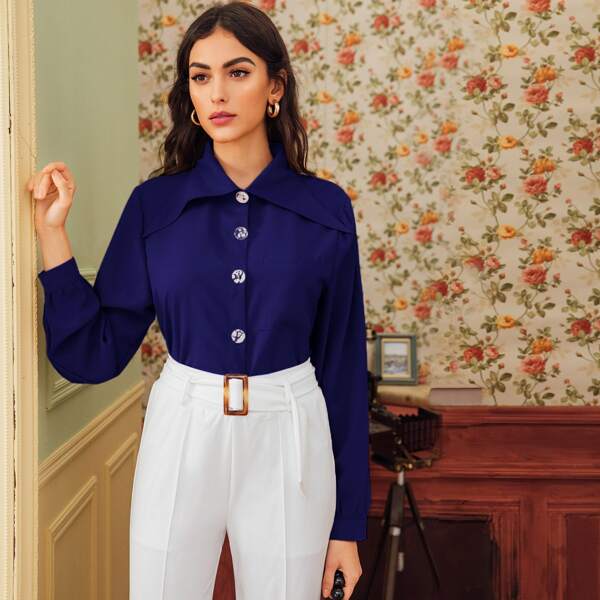 

Button Front Long Sleeve Blouse, Blue