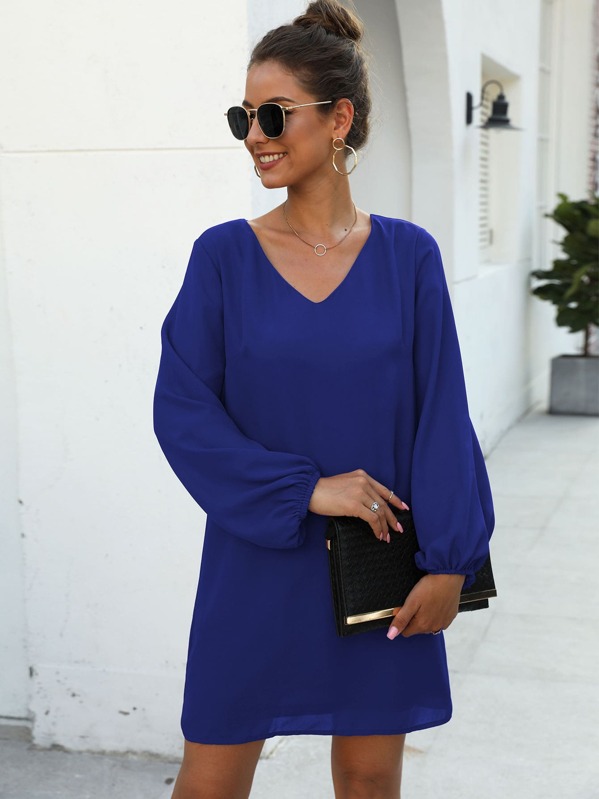

V-neck Lantern Sleeve Tunic Dress, Blue, Debi Cruz