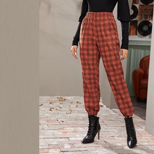 

Elastic Waist Plaid Corduroy Pants, Orange