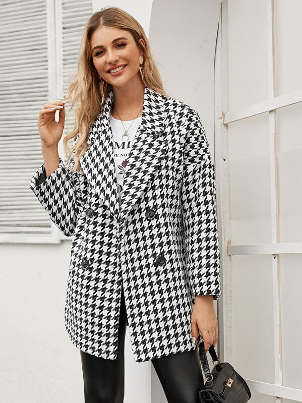 

Lapel Collar Houndstooth Pea Coat, Black and white, Nathane