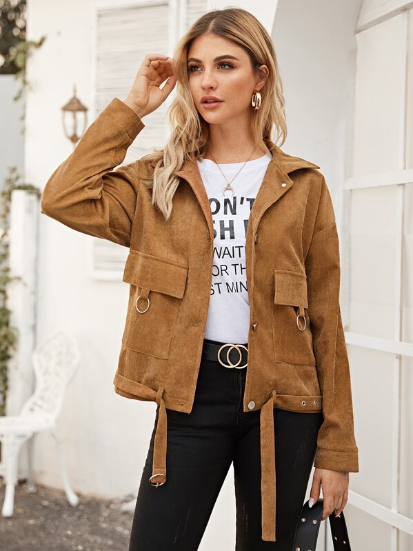 

O-Ring Belted Flap Pocket Corduroy Jacket, Brown, Nathane