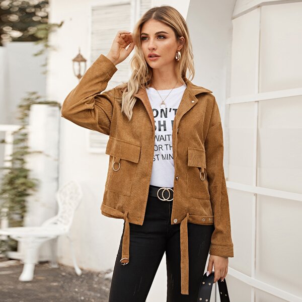 

O-Ring Belted Flap Pocket Corduroy Jacket, Brown