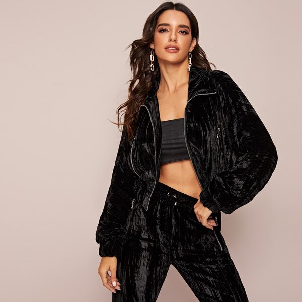 

Zip Up Crop Velvet Jacket, Black