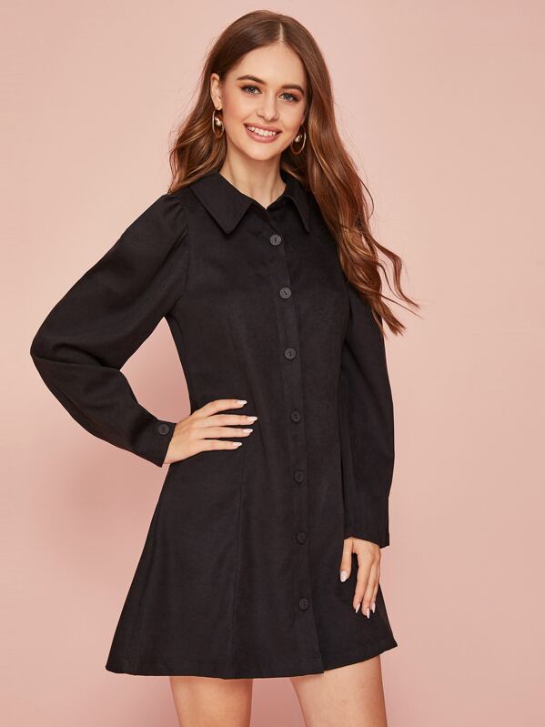 

Button Up Mini Shirt Dress, Black, Sonya