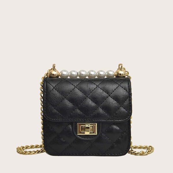 

Girls Faux Pearl Decor Quilted Chain Bag, Black