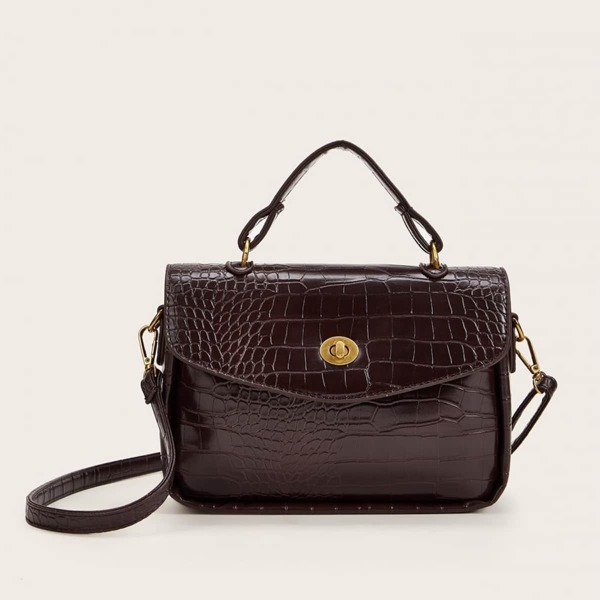 

Twist Lock Croc Embossed Flap Satchel Bag, Brown