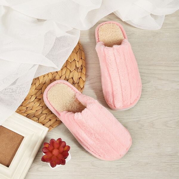 

Ribbed Detail Fluffy Slippers, Pink