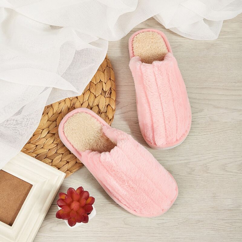 

Ribbed Detail Fluffy Slippers, Pink