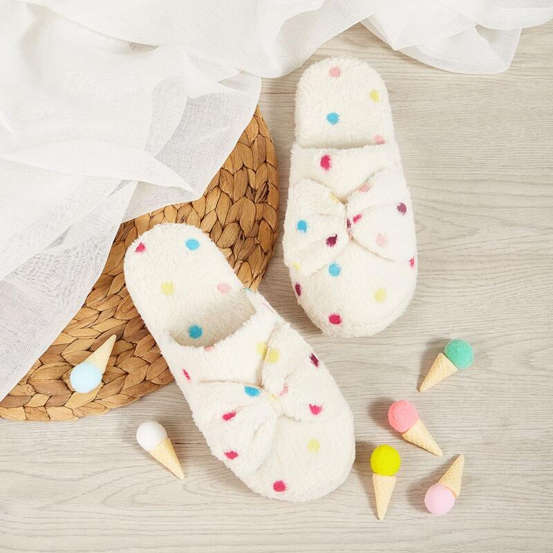 

Bow Decor Polka Dot Fluffy Slippers, White