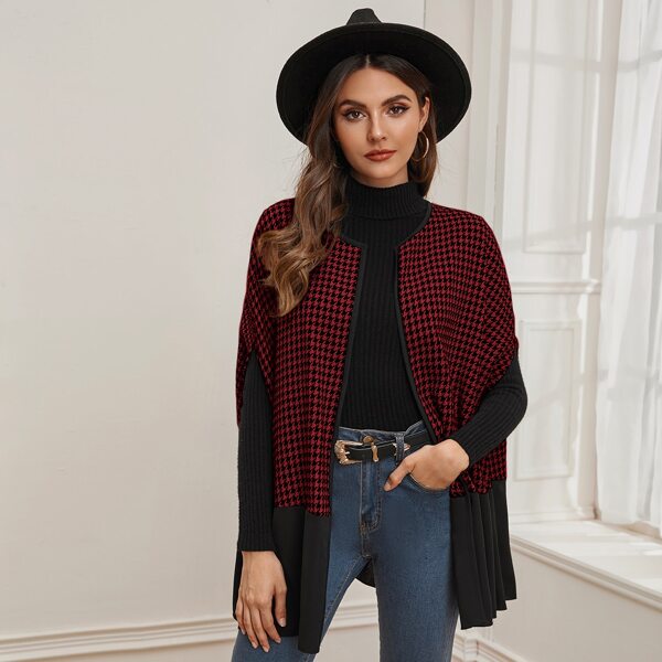 

Contrast Binding & Hem Houndstooth Cape Coat, Burgundy