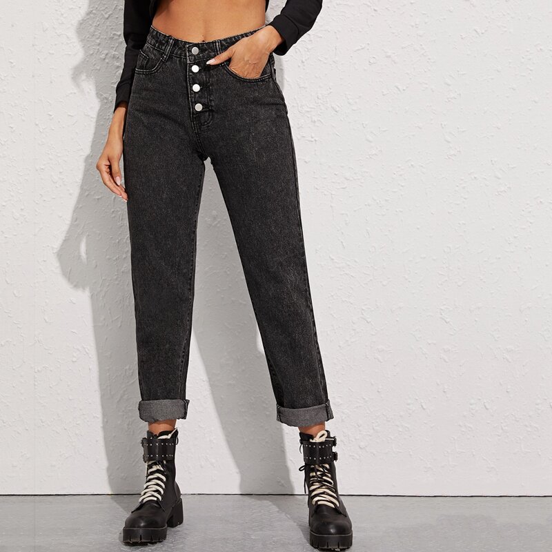 

Dark Wash Button Fly Straight Leg Jeans, Black