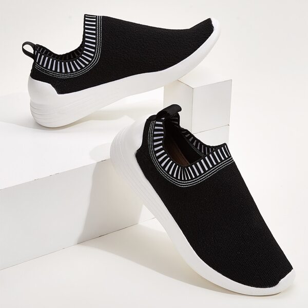 

Striped Detail Slip On Knit Sneakers, Black