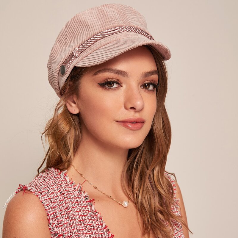 

Rope Decor Corduroy Baker Boy Hat, Pink
