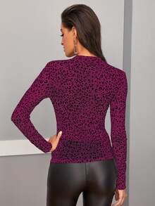 Leopard Stand Collar Semi Sheer Top - Multicolor - View 2