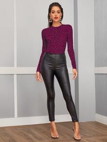 Leopard Stand Collar Semi Sheer Top - Multicolor - View 3