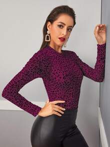 Leopard Stand Collar Semi Sheer Top - Multicolor - View 5