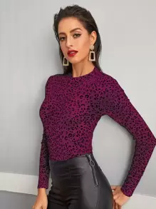 Leopard Stand Collar Semi Sheer Top - Multicolor - View 1