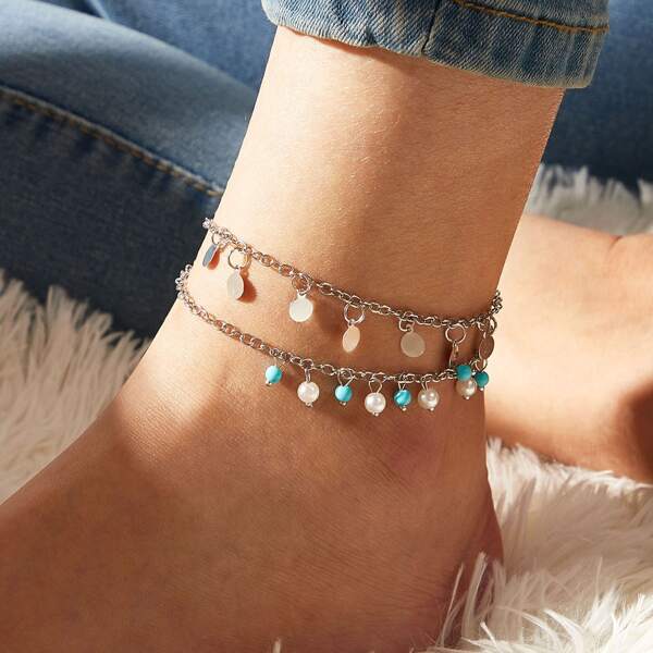 

1pc Faux Pearl & Disc Charm Layered Chain Anklet, Multicolor