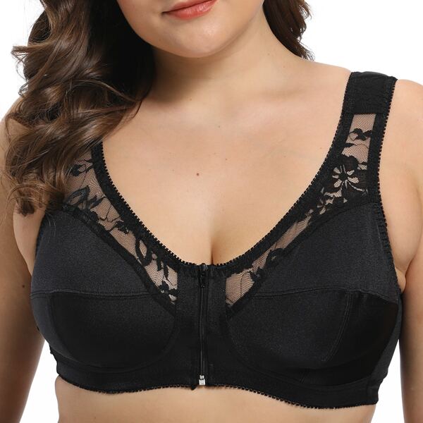 

Plus Contrast Mesh Zipper Front Bra, Black