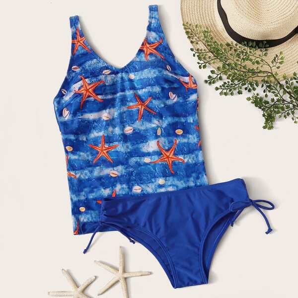

Starfish Random Print Top With Tie Side Tankini, Blue