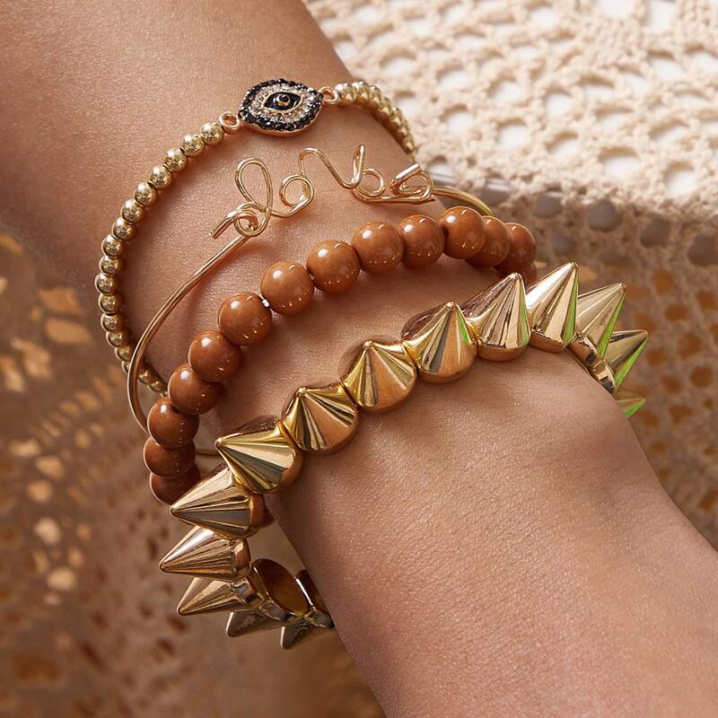

4pcs Rhinestone Engraved Eye Decor Bracelet, Multicolor