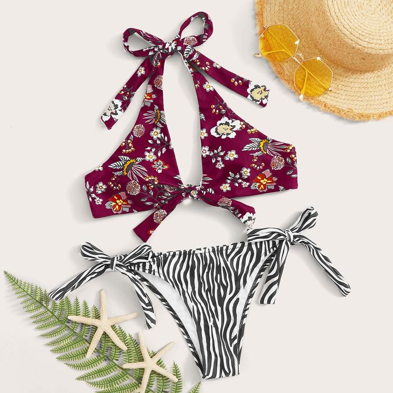 

Floral & Striped Random Print Tie Side Bikini Set, Multicolor