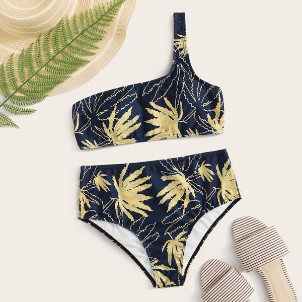 

Leaf Random Print One Shoulder Bikini Set, Navy