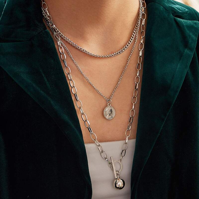 

2pcs Coin Charm Layered Chain Necklace, Silver