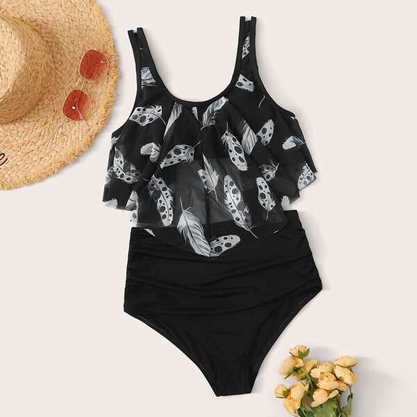 

Feather Random Print Top With High Waist Bikini Set, Black