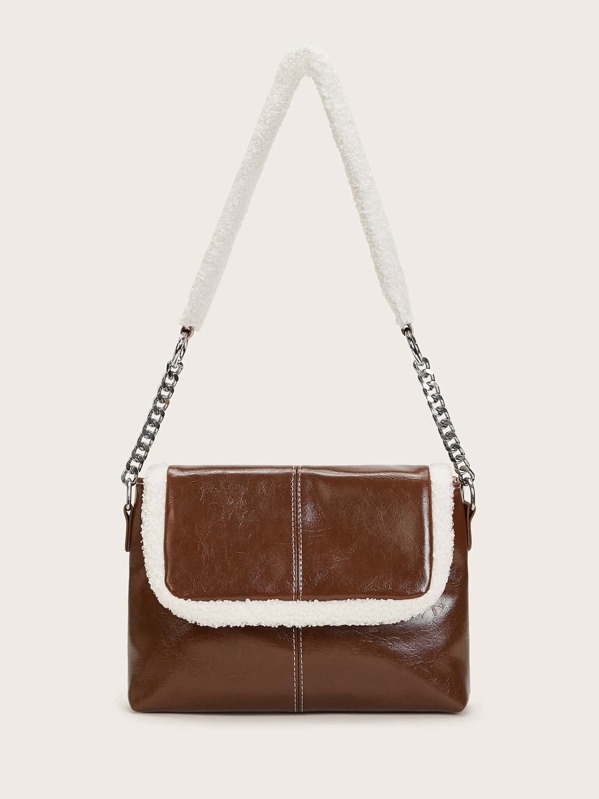 

Contrast Faux Fur Flap Tote Bag, Brown