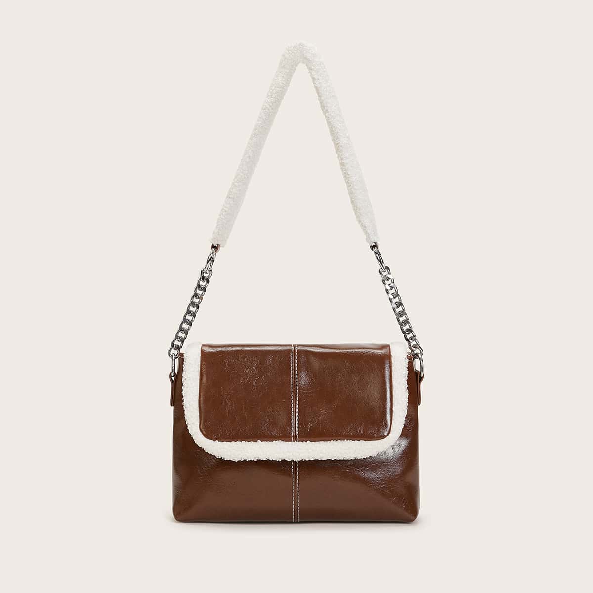 

Contrast Faux Fur Flap Tote Bag, Brown