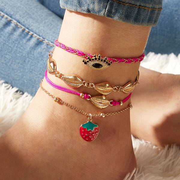 

4pcs Eye & Strawberry Decor Anklet Set, Multicolor