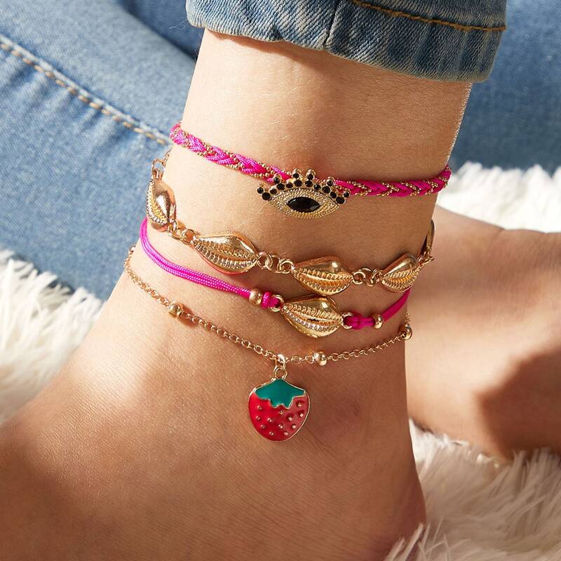 

4pcs Eye & Strawberry Decor Anklet Set, Multicolor