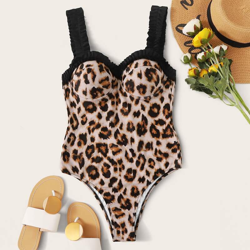 

Leopard Contrast Trim One Piece Swimwear, Multicolor