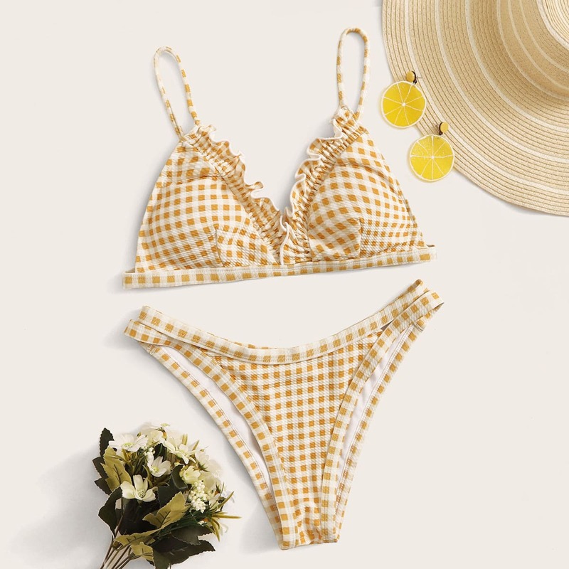 

Gingham Textured Triangle Top With High Cut Bikini Set, Yellow