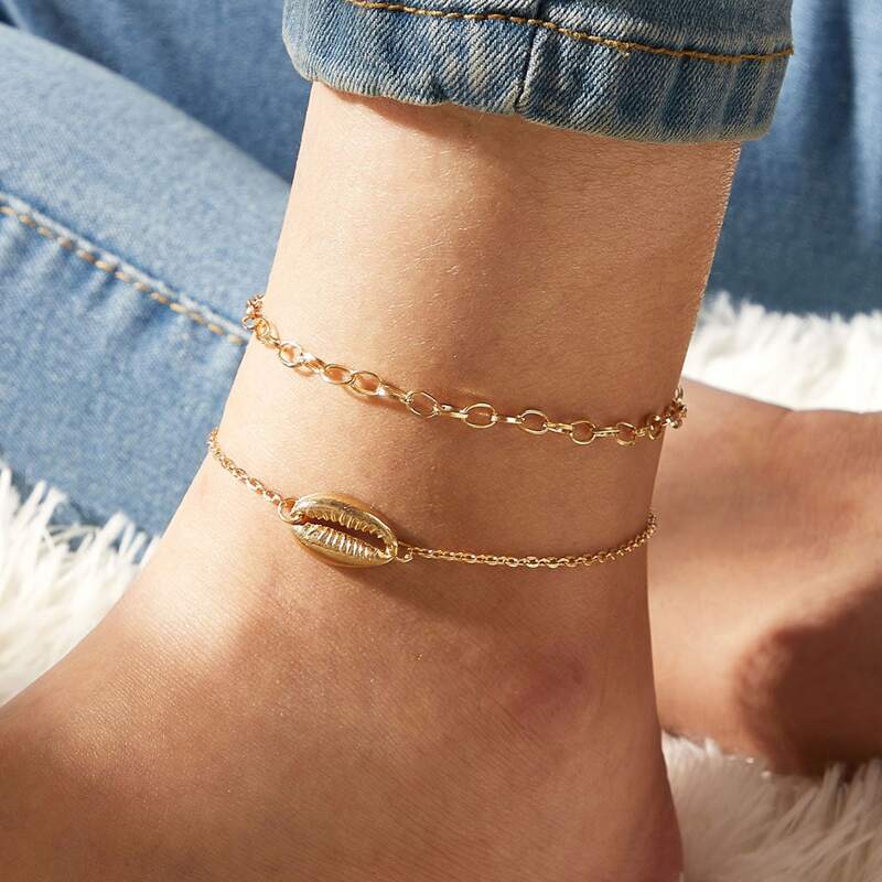 

2pcs Shell Decor Chain Anklet, Gold