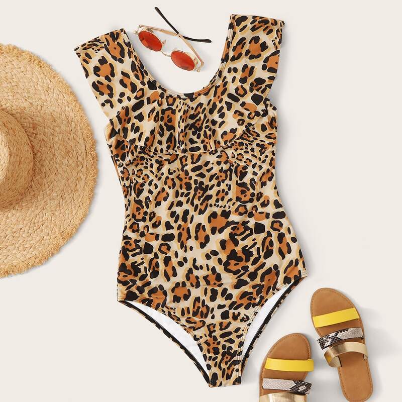 

Leopard Ruffle Trim One Piece Swimwear, Multicolor