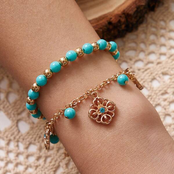 

2pcs Flower Charm Beaded Bracelet, Blue