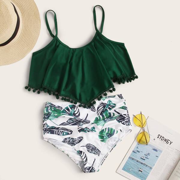 

Hanky Pom-pom Trim Top With Palm Print High Waist Bikini, Multicolor