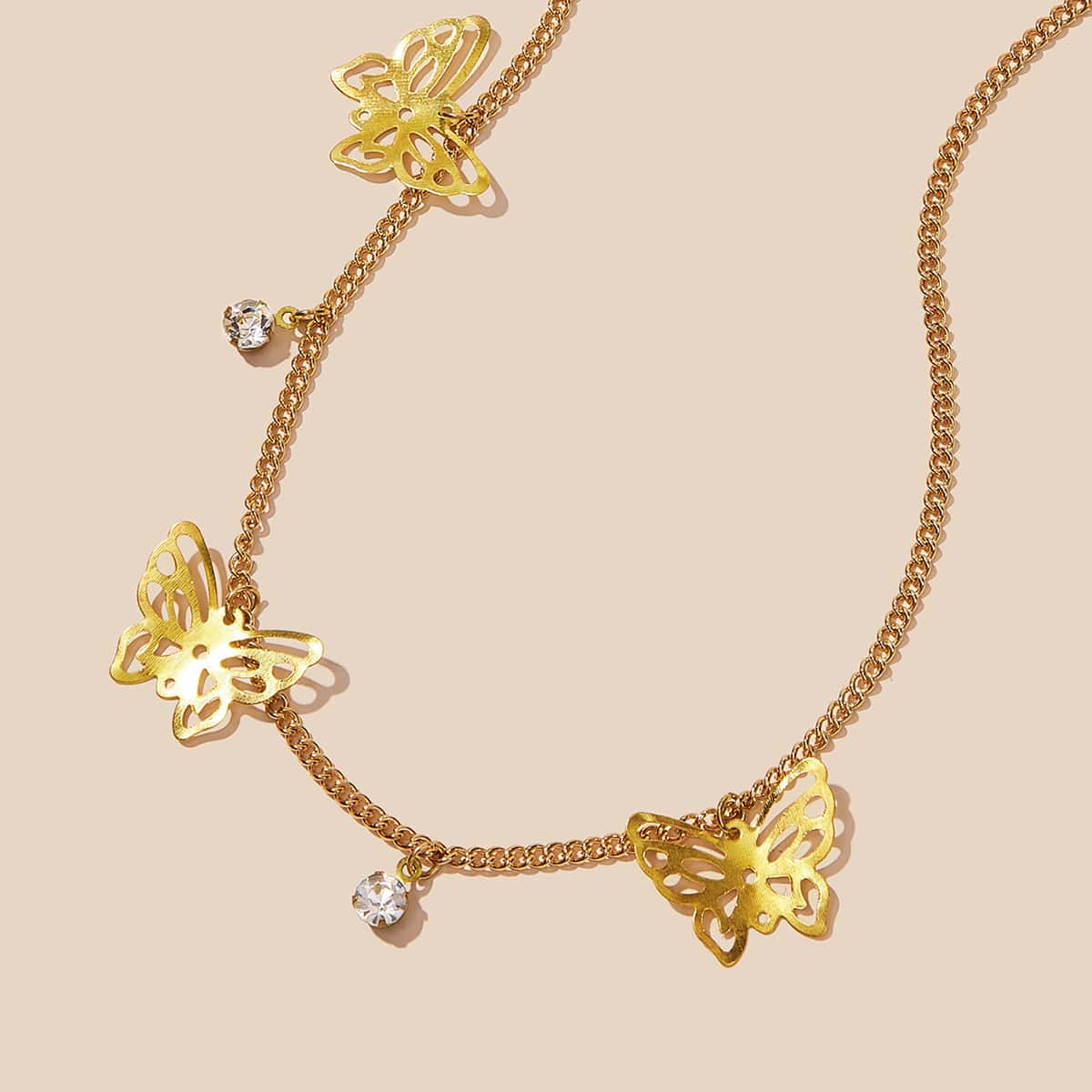 

1pc Butterfly & Rhinestone Charm Chain Necklace, Gold