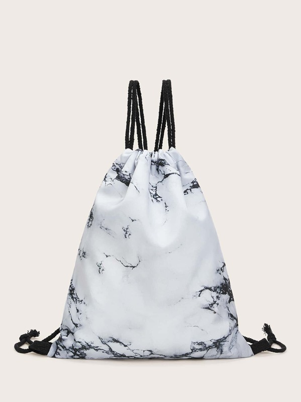 

Marble Print Drawstring Backpack, White