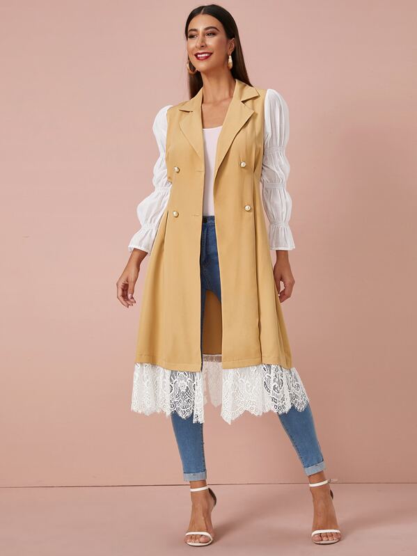 

Contrast Panel Lace Hem Coat, Khaki, Gabe