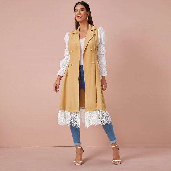 

Contrast Panel Lace Hem Coat, Khaki