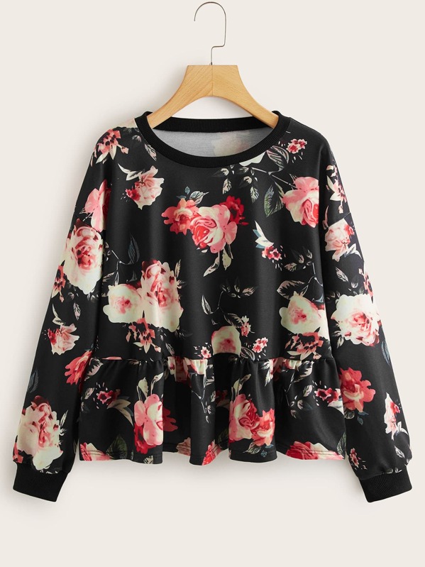 

Floral Print Ruffle Hem Sweatshirt, Black
