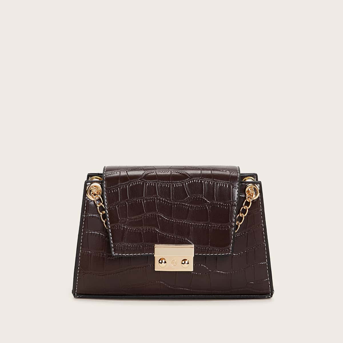 

Croc Embossed PUsh Lock Chain Bag, Brown